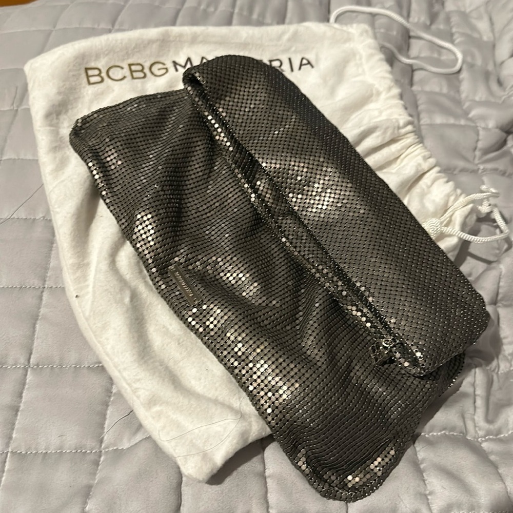 Pewter mesh fold over zip top clutch